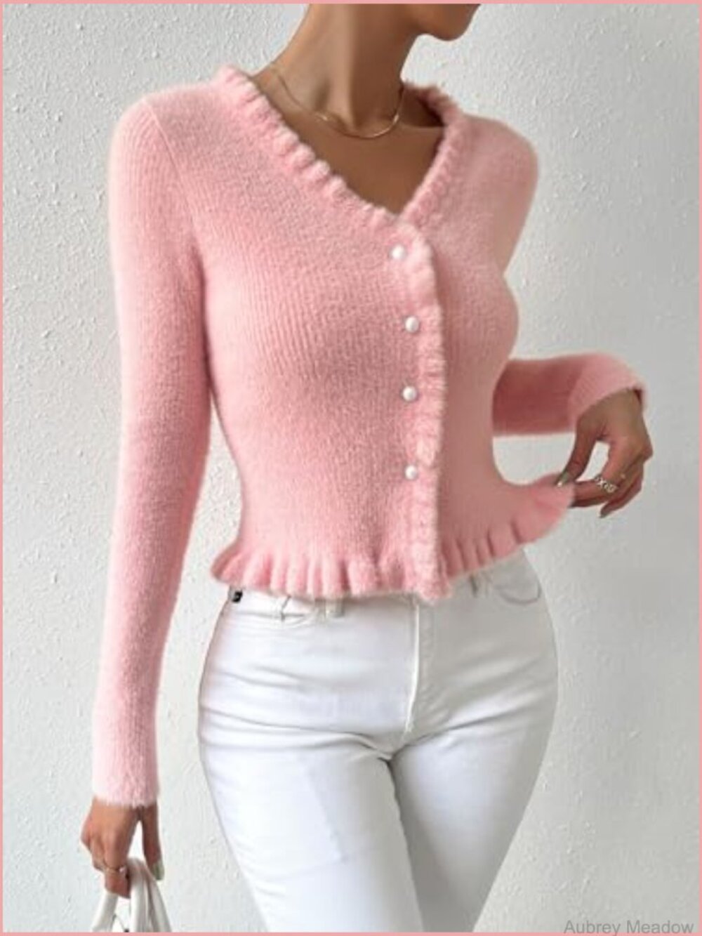 Ruffle Button Cardigan Knitted Cropped V-Neck Long Sleeve Front Open Top - Picture 6 of 7